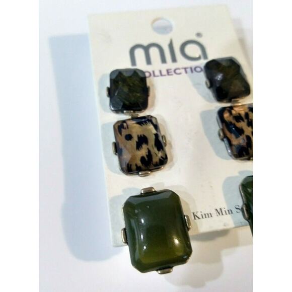Mia Collection Earrings Set 3pc Animal Print Green Square Studs by Kim Min Sun - Picture 9 of 10
